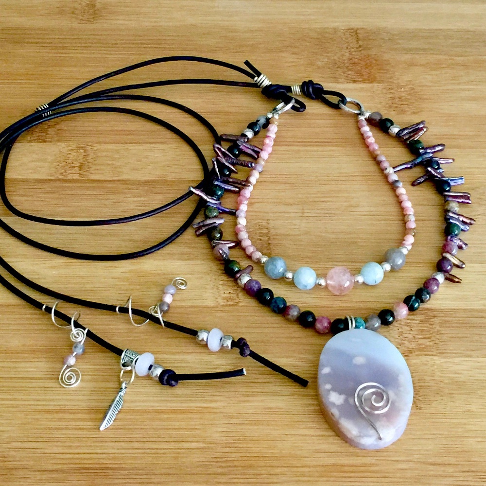 Pink Opal, Gemstone, Boho Leather Necklace - Picture 3 of 8